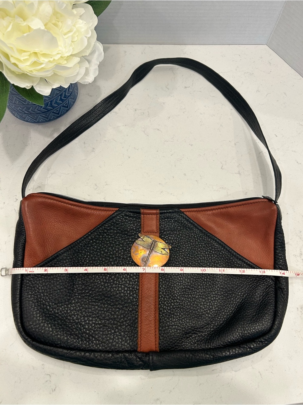 Two-Tone Handmade Leather Shoulder Bag with Copper Dragonfly Detail - Picture 9 of 16